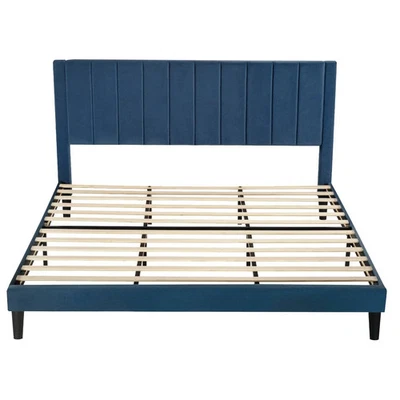 Cama Plataforma Tapizada Terciopelo Azul Marino Moderna Talla King con Cabecero Foto 1 de 3
