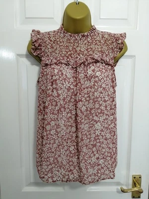 NEW LOOK Size 6 Light Brown & Cream Floral Ruffle Sleeveless Blouse Top VGC  - Image 1 of 4