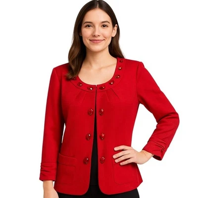 Perceptions Holiday Red Blazer 10 Jeweled Neckline Herringbone 3/4 Sleeve Jacket - Image 1 of 4