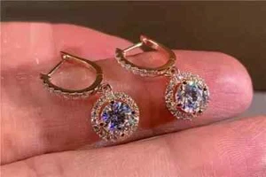 Women's Halo Drop Earring 14K Rose Gold Plated 2Ct Round Cut Lab Created Diamond - Picture 1 of 7