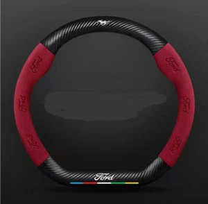 15" PU Leather+Carbon fiber Steering Wheel Cover For Ford Mustang All Cars - Picture 1 of 9