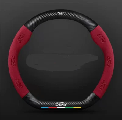 15" PU Leather+Carbon fiber Steering Wheel Cover For Ford Mustang All Cars - Image 1 of 4
