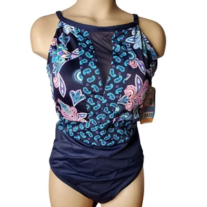 Swim Solutions Navy High Neck V Mesh Insert Control 1 pc Mio Sz 16 Swimsuit NWT - Picture 1 of 6