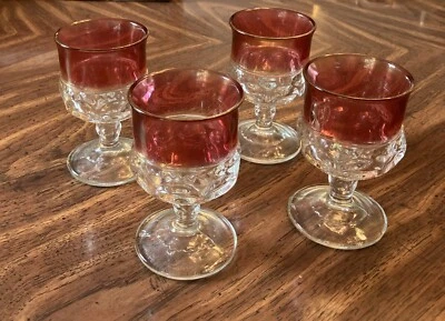 Vintage 4-Kings Crown Ruby Red Thumb Print Red Trim Pedestal Goblets - Image 1 of 4