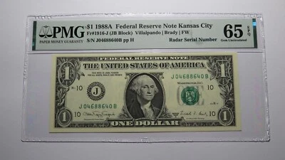 $1 1988 Radar Serial Number Federal Reserve Currency Bank Note Bill PMG UNC65EPQ - Image 1 of 3