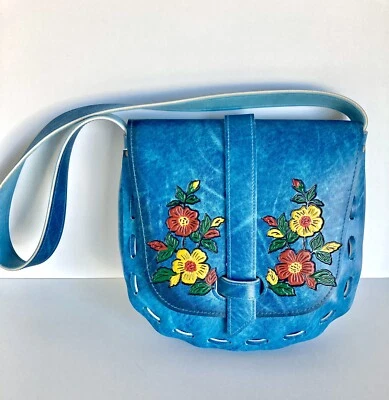 Bolso de Hombro Cartera Vintage Años 70 Estilo "Tooled" Azul Imitación Cuero Vegano Boho Nuevo de Lote Antiguo Foto 1 de 4