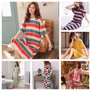 Sleep Shirt Dress Cotton Short Sleeve Women Nightgown Cartoon Sleepwear Homewear - Picture 1 of 38