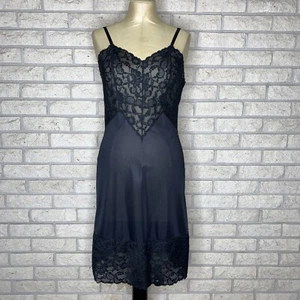 VTG Vanity Fair Black Nylon & Floral Scalloped Lace Semi Sheer Full Slip 32 Bust - Picture 1 of 21
