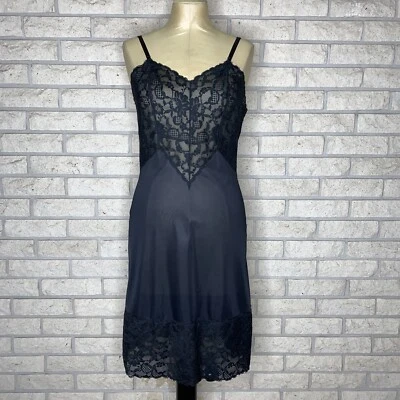 De Colección Vanity Fair Negro Nylon y Floral Festoneado Encaje Semi Transparente Deslizamiento Completo 32 Busto Foto 1 de 4