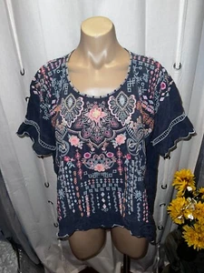 JOHNNY WAS Medium Bluse Navy Mehrfarbig Bestickt Blumen Damen Hipster Top - Bild 1 von 12