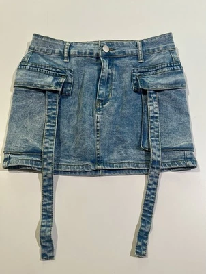 Женская грузовая джинсовая мини-юбка с низкой талией и откидными карманами - Изображение 1 из 4