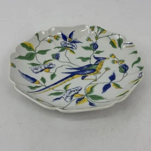 1975 Fitz and Floyd Scalloped Edge Plate Blue Green Yellow Bird And Flowers - Picture 1 of 5