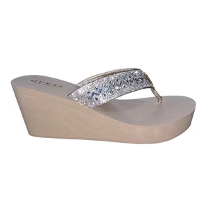 Sandalias para mujer Guess beige estrás tanga cuña alta punta abierta talla 9M - Imagen 1 de 6