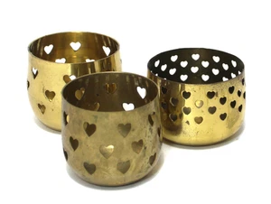 Brass Votive Candle Holders Heart Cut-Outs Set 3 - Picture 1 of 8