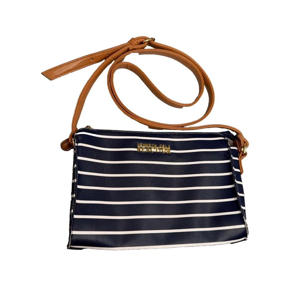 Bolso Bandolera Kenneth Cole Reaction Cuero Vegano Azul Marino/Blanco Rayas Cartera- Foto 1 de 4