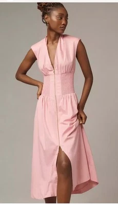 NWT Anthropologie Tommie Cap Sleeve Smocked Front Zip Shirt dress Midi Pink L - Image 1 of 4