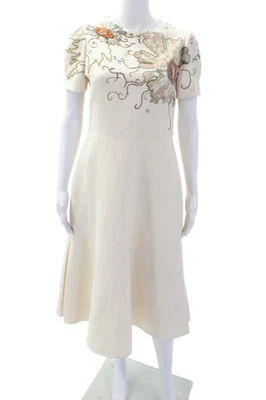 Valentino Womens Short Sleeve Metallic Floral Embroidered Dress White Size 6 - Image 1 of 4