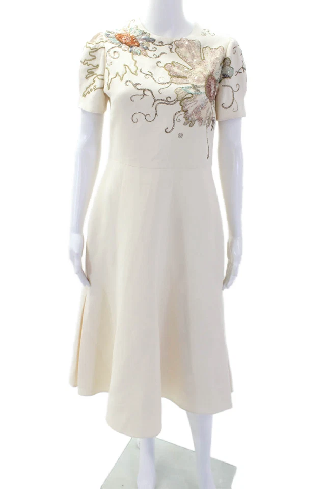 Vestido blanco bordado floral metálico manga corta Valentino para mujer talla 6 Foto 1 de 4