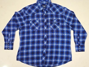 Vintage Wrangler blau kariert Flanell Perlen Druckknopf Mittwoch Y2K Cowboy Herren Hemd XXL - Bild 1 von 15