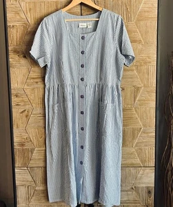 The Vermont Country Store Women's Midi Dress Blue White Striped Size M Cottage - Picture 1 of 5