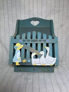 Wooden Blue Hanging Wall Basket Girl, Ducks, Flowers Rustic Farmhouse Decor - Picture 1 of 11