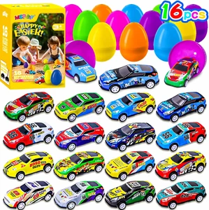 Mgparty 16 PCS Prefilled Easter Eggs with Pull Back Cars, Easter Basket Stuffers - Picture 1 of 12