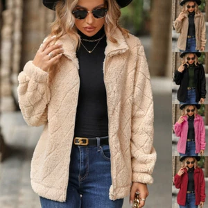 Ladies Fleece Furs Cardigans Jacket Outwear Winter Teddy Bear Fluffy Zip Up Coat - Picture 1 of 20