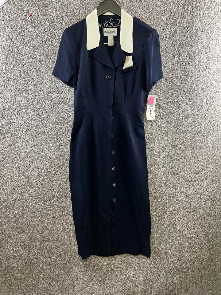 Danny & Nicole Blue|Ivory Dress Collared Button Front Long Dress Women's 8 VTG - Image 1 of 4
