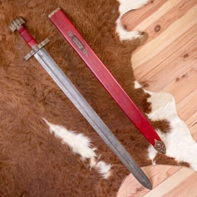 Hand-Forged Vicking Sword With Red Leather Scabbard _ Medieval Replica - Image 1 of 4