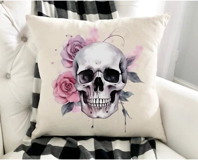 Pillow Cover, Gothic Pink Skull with Roses, Indoor/Outdoor Halloween, 16x16 - Image 1 of 3