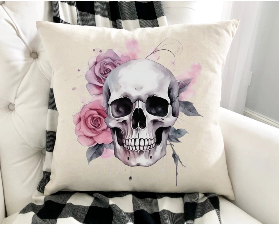 Funda de Almohada, Calavera Rosa Gótica con Rosas, Interior/Exterior Halloween, 16x16 Foto 1 de 3
