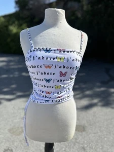 Forever 21 Top Women's Large White Printed Butterfly Ruched Sides Crop Cami Knit - Picture 1 of 7