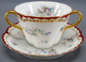 Haviland Limoges Pink & Blue Floral Red & Double Gold Gilt Bouillon Cup & Saucer - Picture 1 of 12