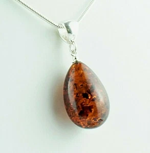 Cognac Baltic Amber Teardrop Pendant Necklace Beads 925 Sterling Silver Gemstone - Picture 1 of 6