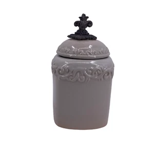 Tuscan Scroll Ceramic Decorative Gray Canister with Lid 9" x 5" x 5" - Picture 1 of 12
