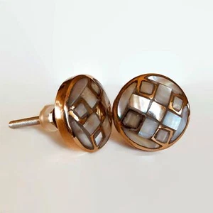 Checked Pattern Golden Brass and Shell Cabinet Knobs Dresser Drawer Pulls - Picture 1 of 3