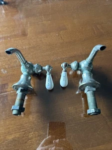 VIntage Faucet Set Nickled Brass Hot & Cold Pair Spigot Parts - Picture 1 of 22