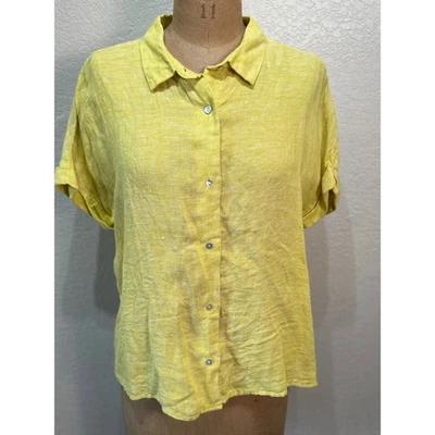 C & C California Linen Button Down Roll Sleeve Shirt Top Women's Size L Yellow - Image 1 of 4