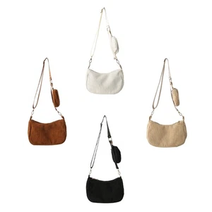 Casual Solid Color Corduroy Underarm Bag Zippered Crossbody Bag with Coin Purse - Picture 1 of 11