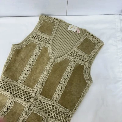 Chaleco cárdigan de colección Tarri mujer crochet y cuero beige tostado parche tejido años 70’s LEER L Foto 1 de 4