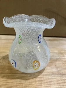 Vaso bocciolo stile Murano vetro a bolle arte millefiori soffiato a mano bordo smerlato - Foto 1 di 6