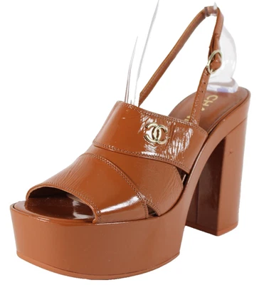 Sandalias Chanel 2023 charol naranja quemado logotipo CC plataforma tacón 39 Foto 1 de 4