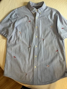 Chaps Shirt Men L Blue White Stripe Red Lobster Seersucker S/S Coastal Nautical - Picture 1 of 5