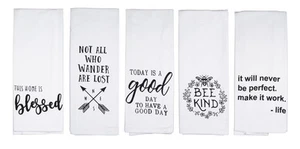 Inspirational Kitchen Towels Set 5 White Flour Sack Grateful Kind 16x28" - Picture 1 of 9