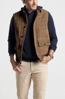 PETER MILLAR Crown Suede Greenwich Vest Full Zip & Buttons Birchwood Sz XL $895 - Image 1 of 4