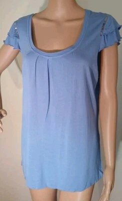 KENAR TOP SHIRT BLOUSE PURPLE PERIWINKLE SIZE L RUFFLES CAP SLEEVES SILVER BLING - Image 1 of 4