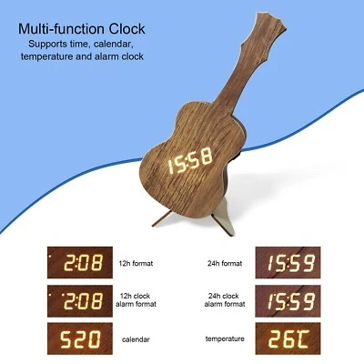 Novelty Wood Alarm Clock Guitar Time Calendar Temperature for Bedroom Office - Image 1 of 4