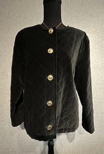 Herman Geist SZ L Women’s Black Velvety Quilted Jacket Gold Buttons Shoulder Pad - Picture 1 of 7