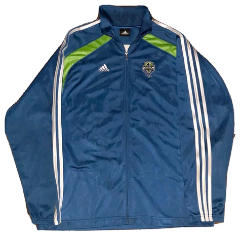 Seattle Sounders Adidas FC Soccer Full Zip Jacket Size XL Green & Blue 3 Stripe Cover
