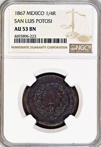 1867 Mexico 1/4 Real NGC AU53 BN KM#362 San Luis Potosi Top Pop None Higher 2/0 - Picture 1 of 2